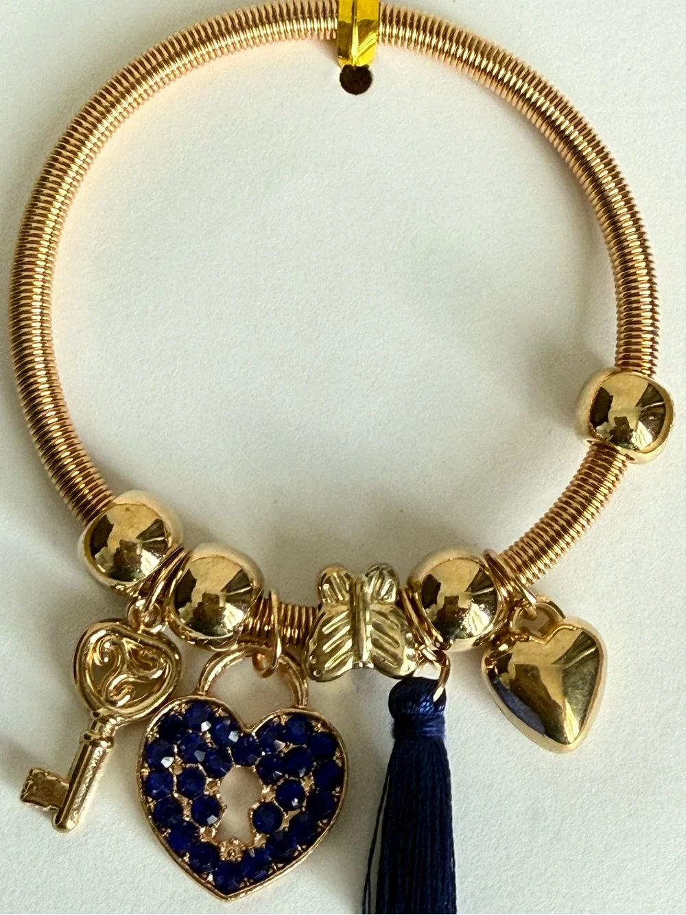 Gold Heart Charm Bracelet with Navy Blue Tassel